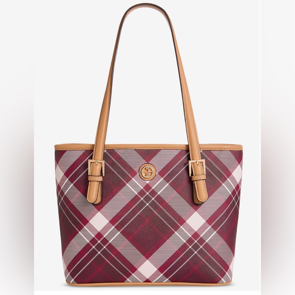 Giani Bernini Plaid Tulip Tote Bag with Tan Straps